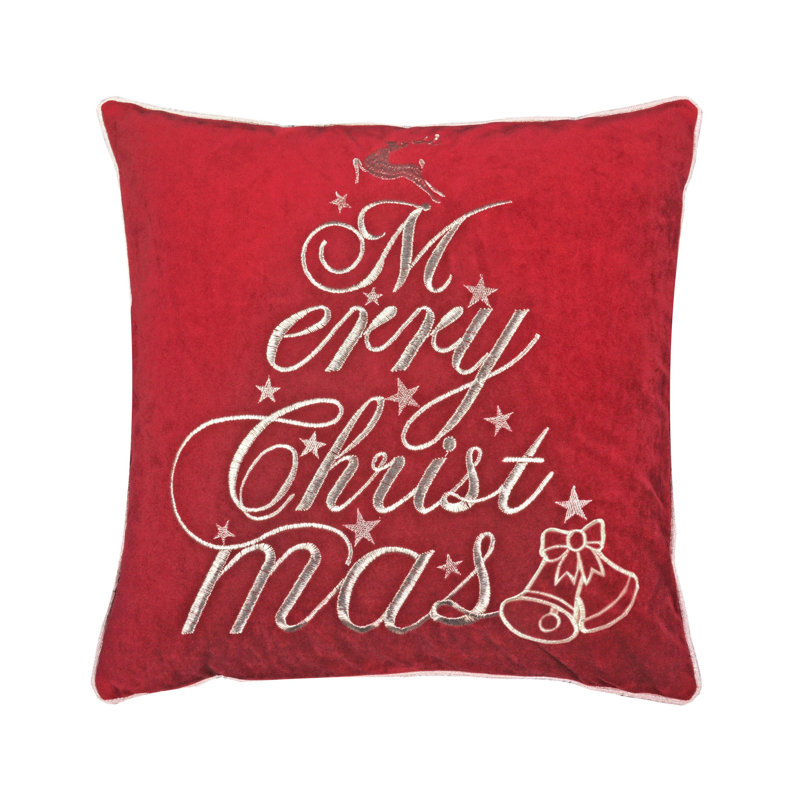 Coussin décoratif rouge en velours avec broderie Merry Christmas