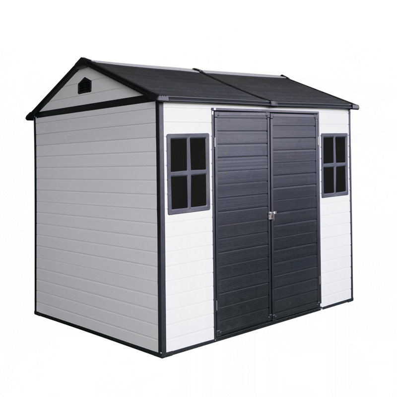 8 x 6 ft Resin Outdoor Storage Shed Waterproof Shed with Floor & Two Windows & Lockable Door, Tool Shed for Garden, Patio, Backyard,Grey White