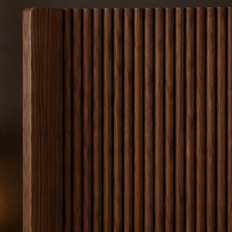 Tête de lit cannelée en noyer avec conception à lattes verticales et supports métalliques réglables