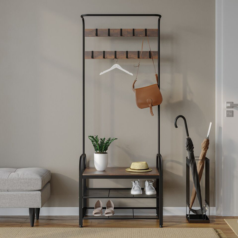 Adkisson Metal Freestanding 10 - Hook Coat Rack, Black/Rustic Oak