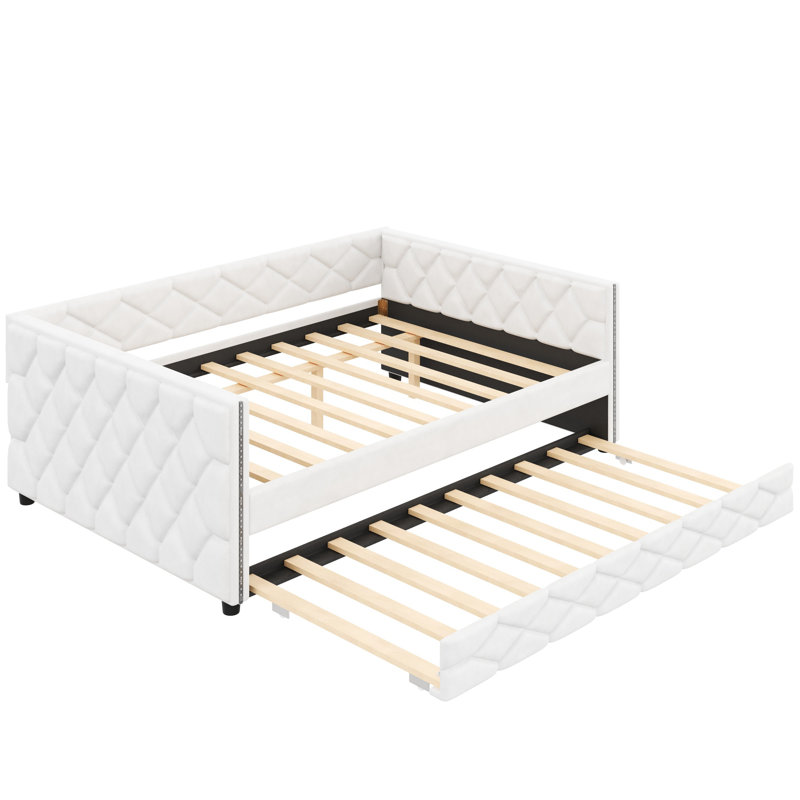 Full XL Upholstered Daybed with Trundle & LED, White – Sofa, Guest Bed, Kids & Dorm Furniture