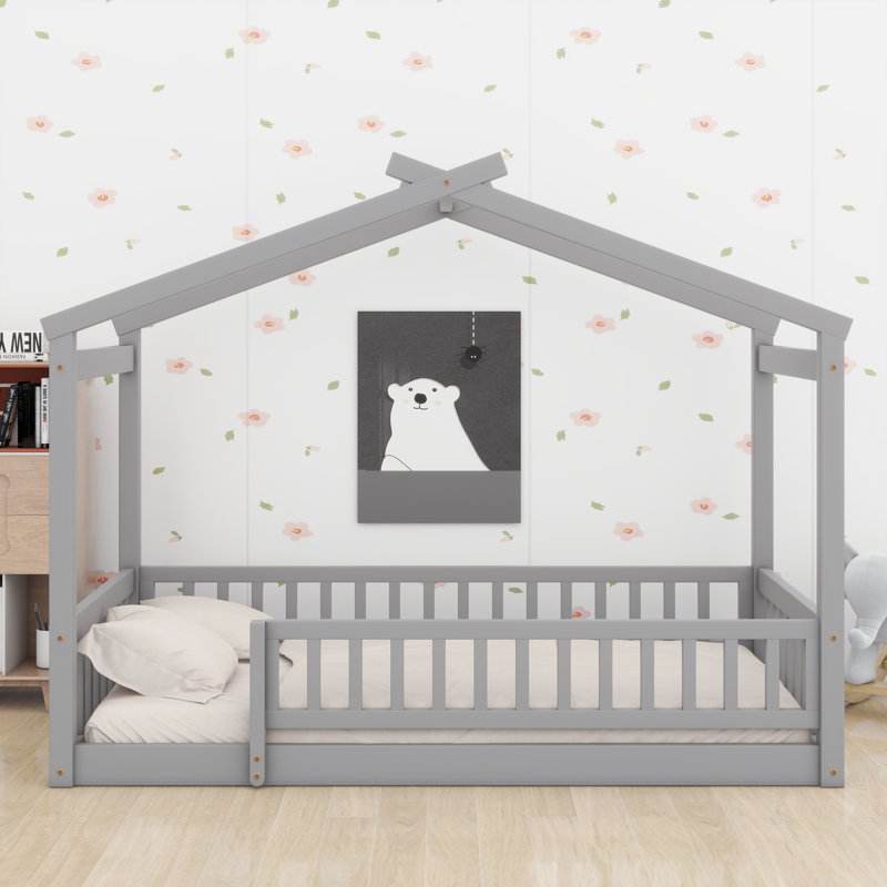 Structure de lit en bois avec clôture, Gris