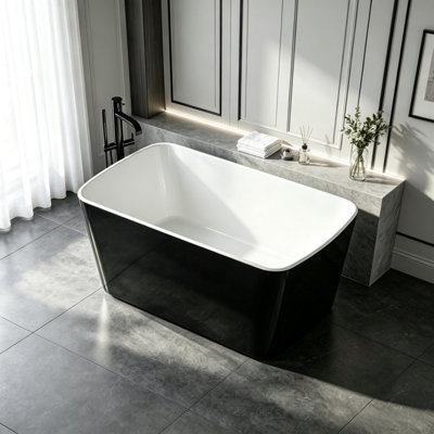 49" Freestanding Soaking Tub‑Acrylic Freestanding Bathtub with Overflow & Matching Brushed‑Silver Pop‑up Drain for Bathroom, Exterior‑Black Interior‑White