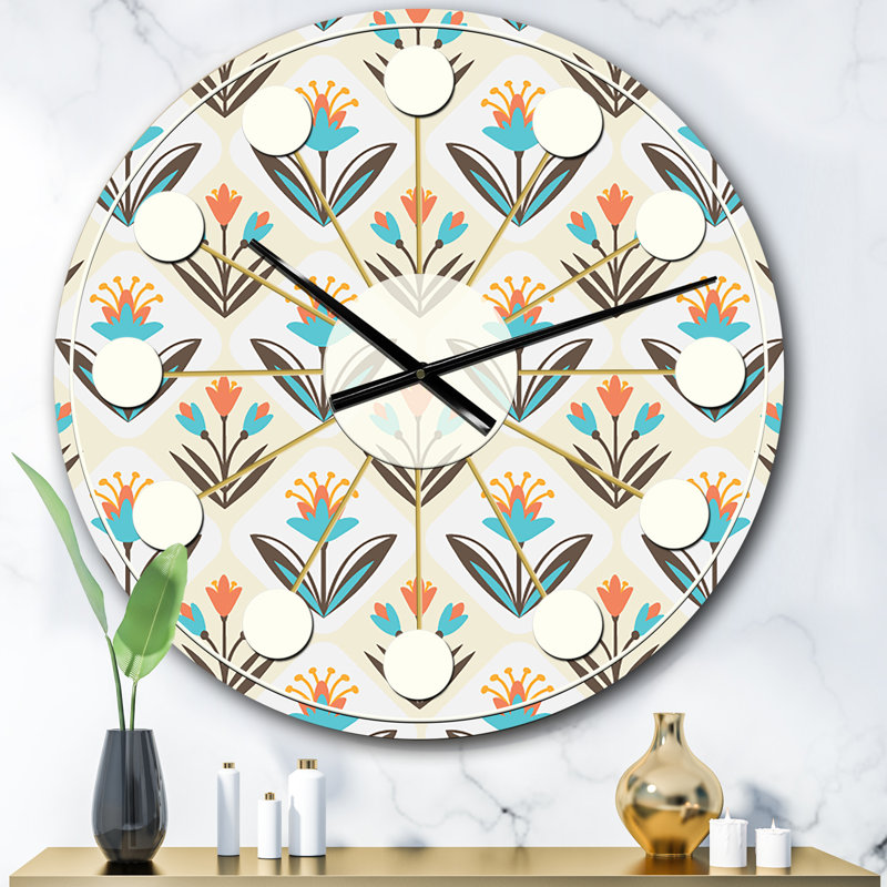 Motif avec ornement floral - horloge murale moderne Mid-Century, Surdimensionné