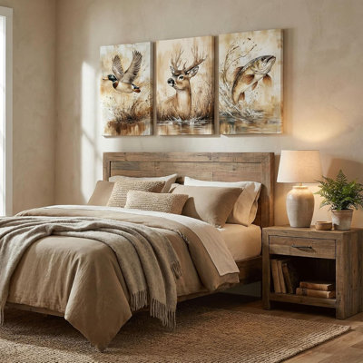 3pcs Rustic Outdoor Wildlife Canvas Wall Art Watercolor Deer Duck And Fish Wall Decor Pictures Vintage Farmhouse Hunting Posters Prints for Living Room Bathroom Kitche Home Decoration