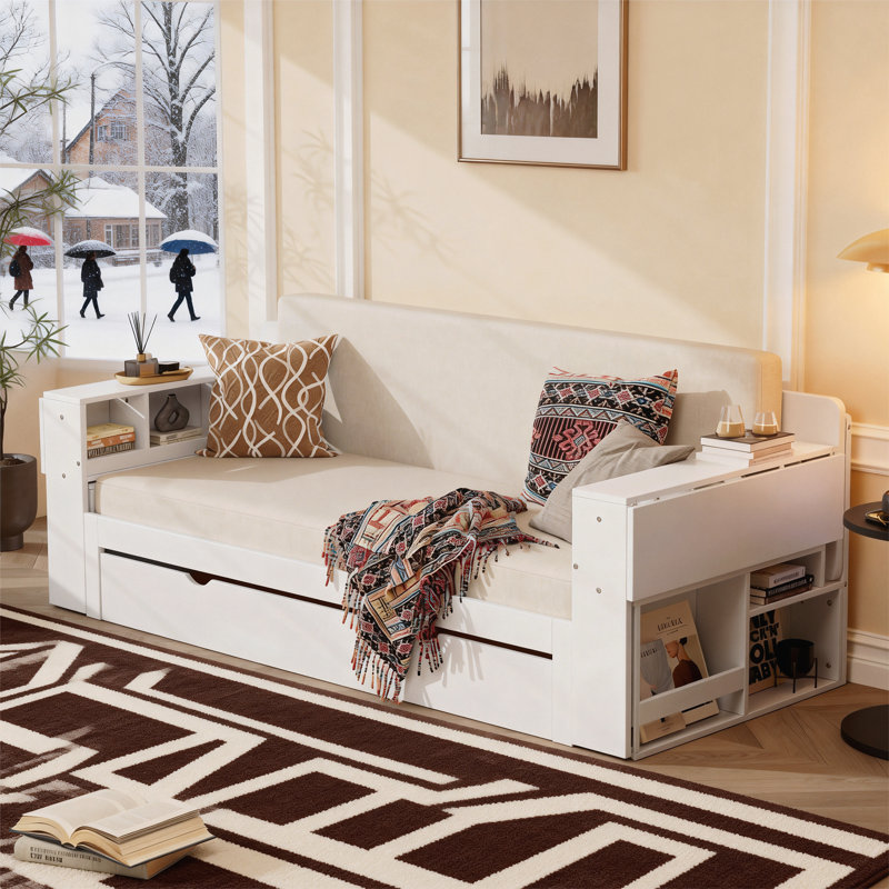 Grand lit de jour avec bureau amovible, Blanc, Grand lit