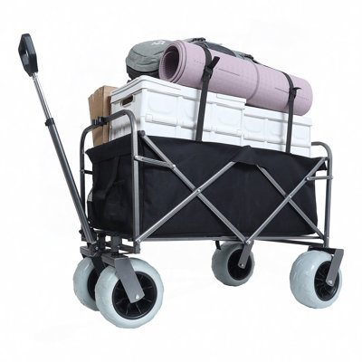 Chariot de plage avec de grandes roues pour le sable Capacité de 500 lb - Chariot tout terrain à structure en acier avec pneus pneumatiques de 9 po, conception pliable pliable, sangle avec sac multiusage, noir
