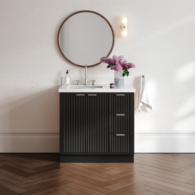 Haun 36'' Solid Wood Single Bathroom Vanity with 1.5'' White Quartz Top, Left Offset, Rectangular Sink
