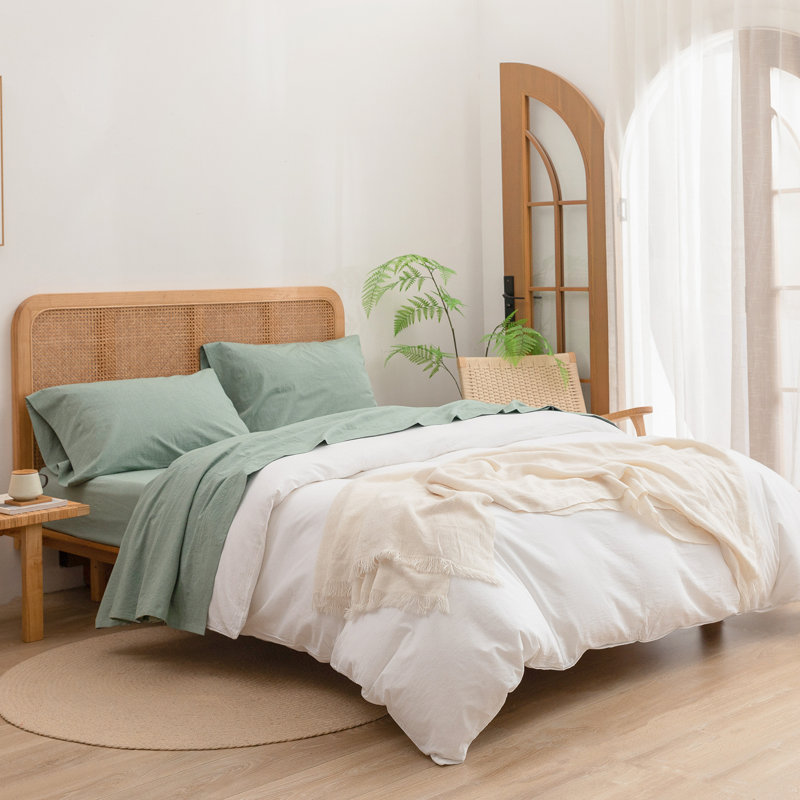 BESTOUCH Sheet Set 100% Washed Cotton Linen Feel Lightweight, Green, King Sheet Set with 2 Pillowcases
