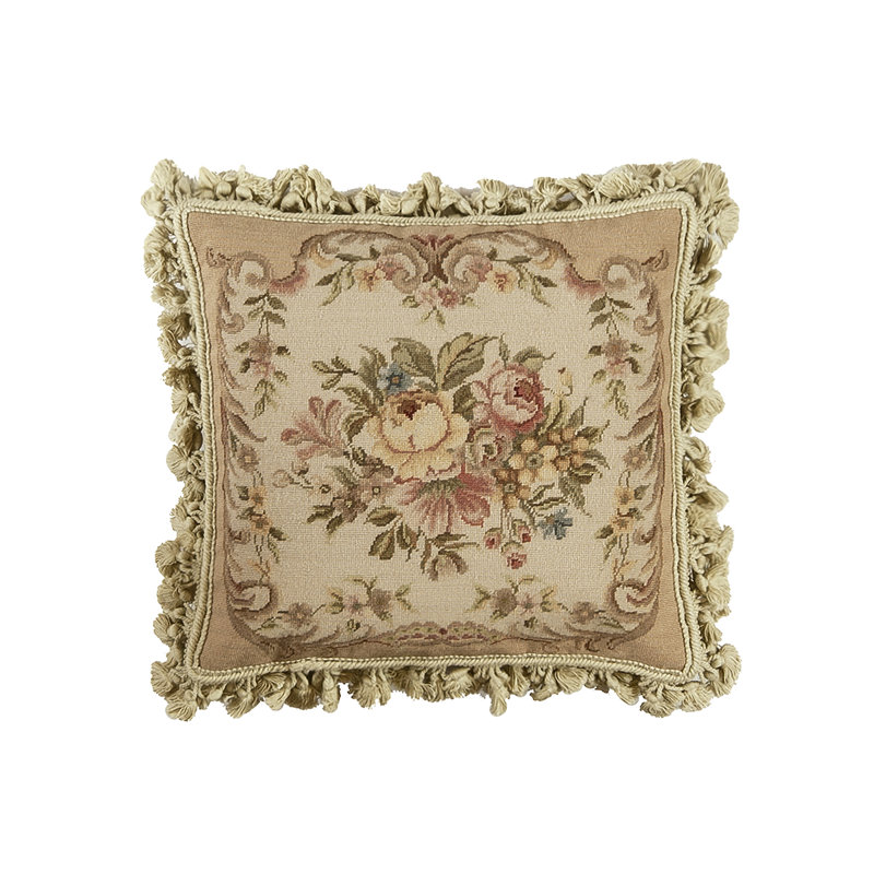 Needlepoint Fringed Reversible Throw Pillow, Square 16", Brown Floral 15