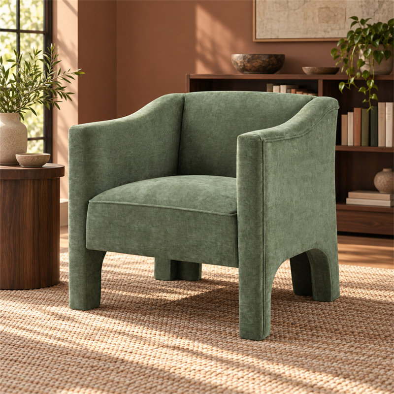 Fauteuil d'appoint moderne en forme de tonneau, fauteuil rembourré en chenille avec accoudoirs fermés, vert, Green