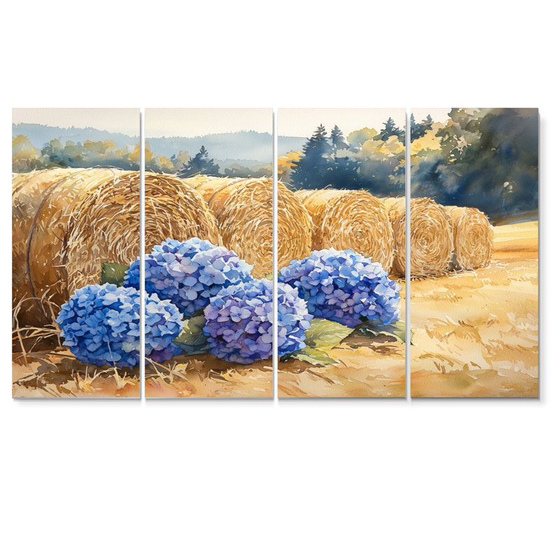Hydrangées par les balles de foin I - hydrangées - Art mural traditionnel, 4, H 28 po x l 48 po