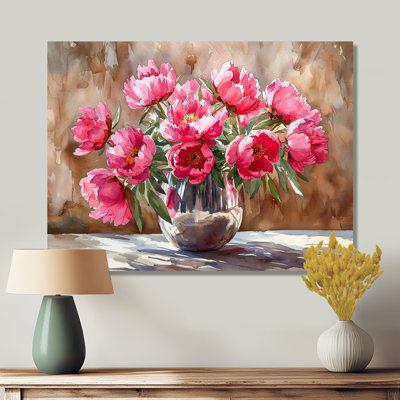 Pivoines dans un vase en acier inoxydable - pivoines grand art mural