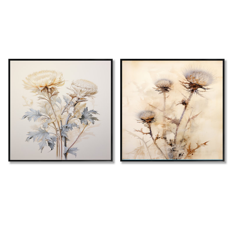 «Beige chardon», ensemble de 2 collages carrés de chardon, Cadre flottant noir, H 16 po x l 33 po