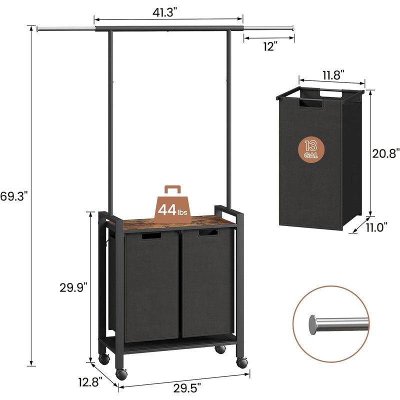 Trieur de linge, panier à linge 2 sections avec barre de suspension, organisateur de panier à linge avec tablette de rangement