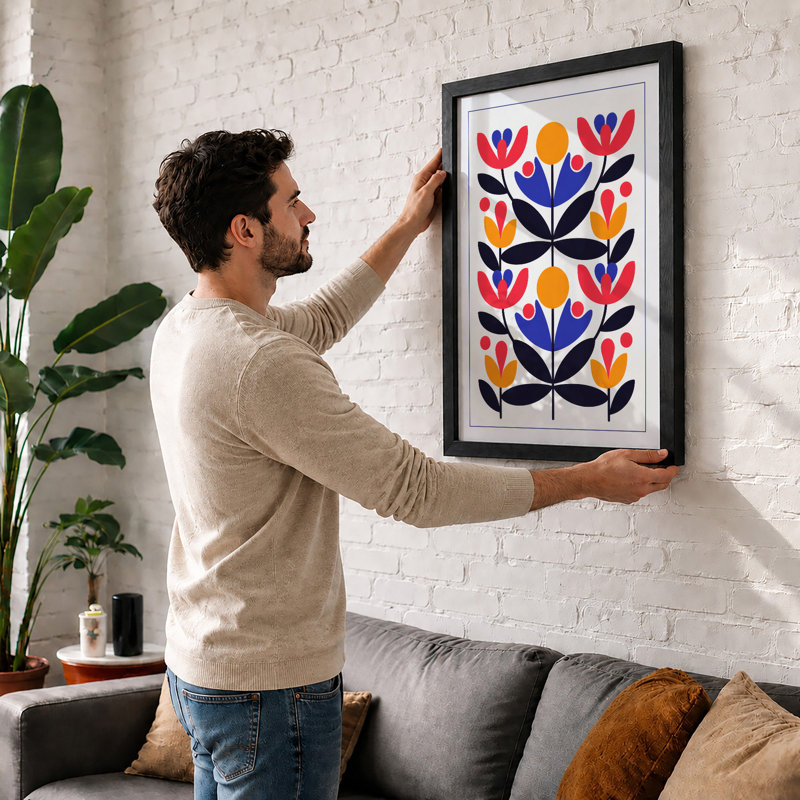 Retro Floral Pattern Mid-Century - Framed Print, A1 - 84.1 x 59.4 cm, Oak
