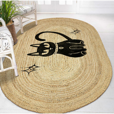 Tapis ovale beige en jute tissé à la machine Norita