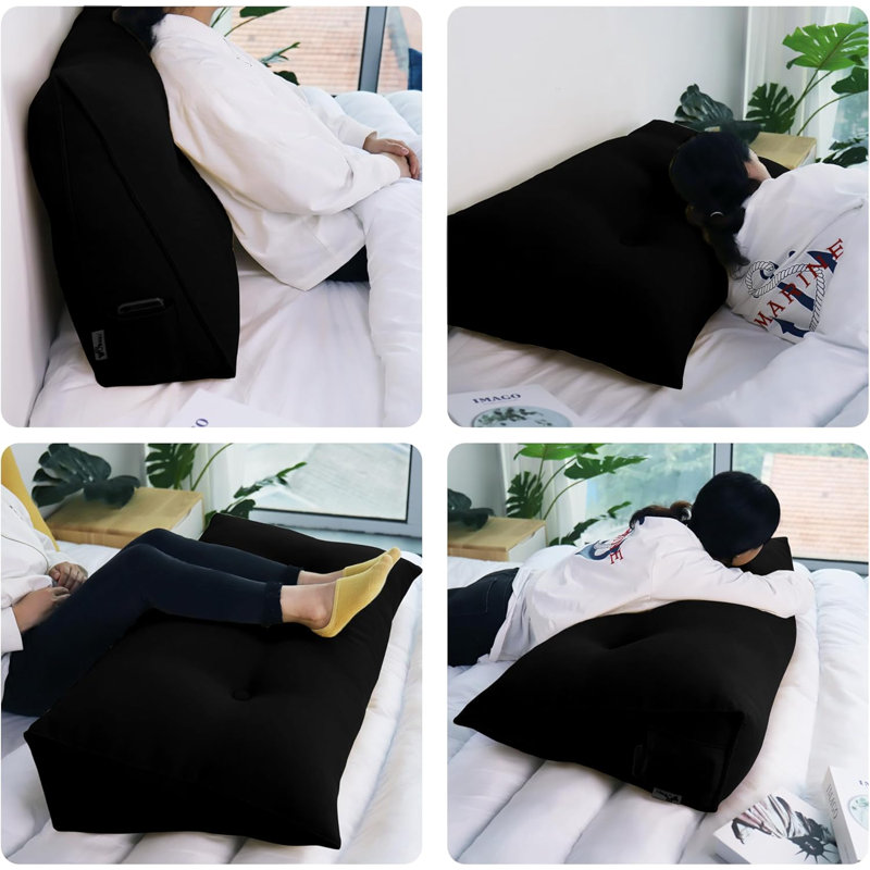 Sit-up Back Comfort Large Triangular Bolster Headboard Reading Wedge Pillow Compression, Twin, Black
