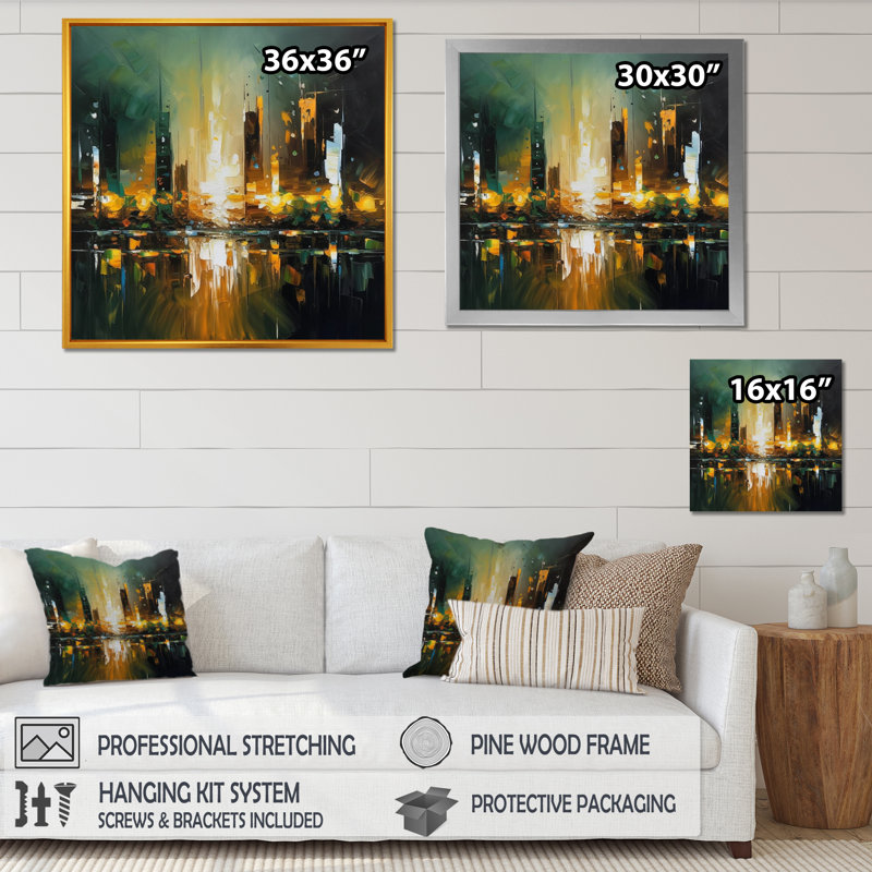 «Abstract City Skyline 1» - Impression, H 36 po x l 36 po x P 1,5 po, Cadre flottant noir