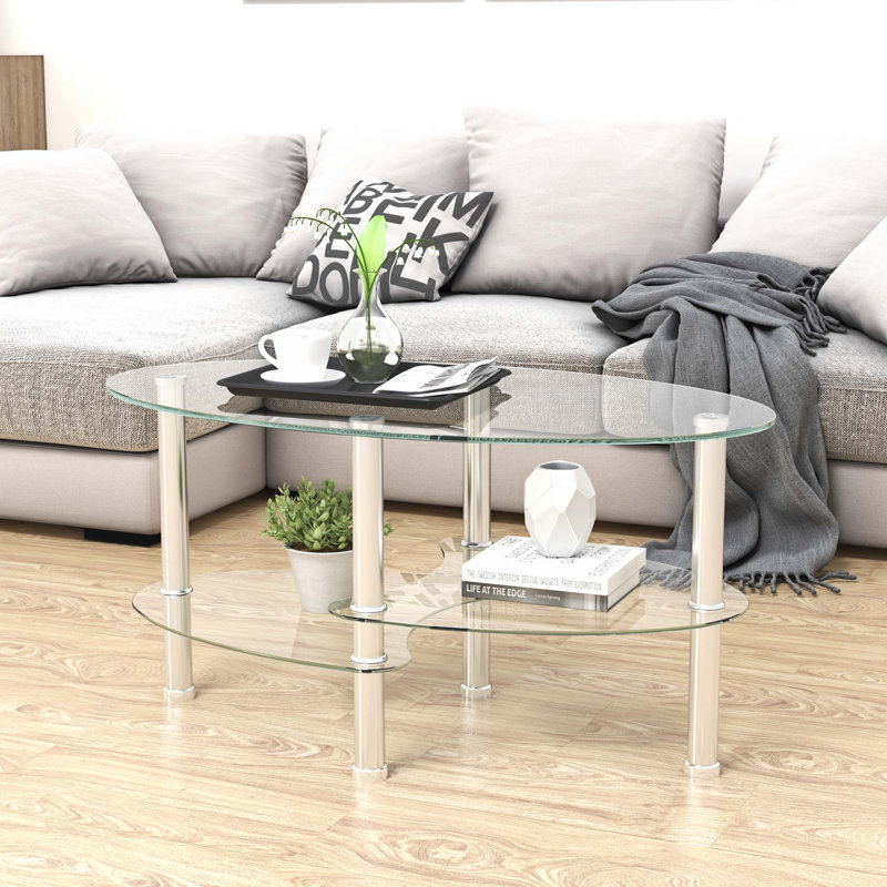 Transparent Oval Glass Coffee Table, Transparent, Silver