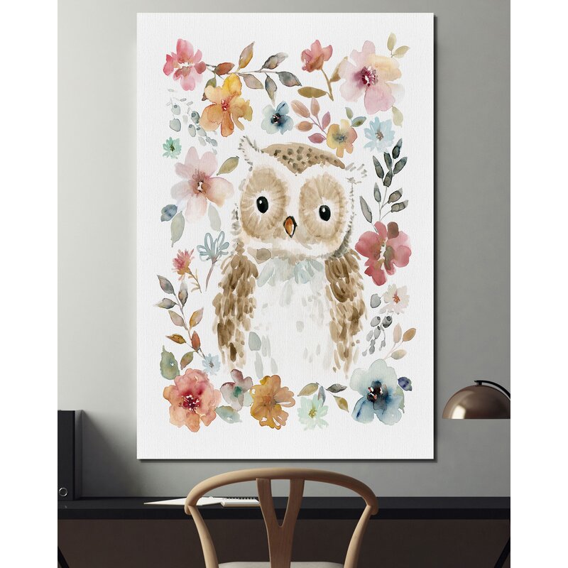 Flowers And Friends Owl On Canvas Print
