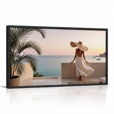 Woman In White Dress And Sun Hat On Balcony Canvas Wall Art