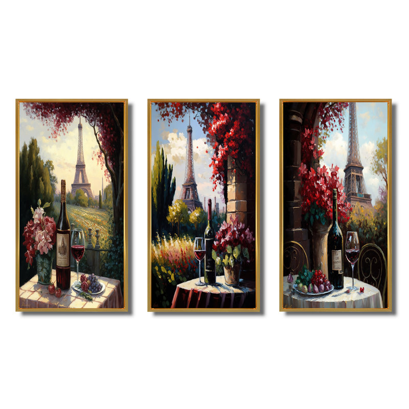 «Savouring Red Wine By The Paris Eiffel Tower», 3 pièces, Cadre flottant doré, H 28 po x l 36 po