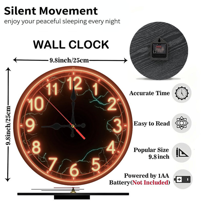 Neon Style Clock Face With Lightning Cracks