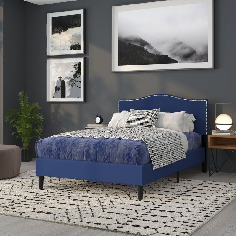 Fitzsimmons Arched Upholstered Headboard with Accent Nail Trim, Full, Navy