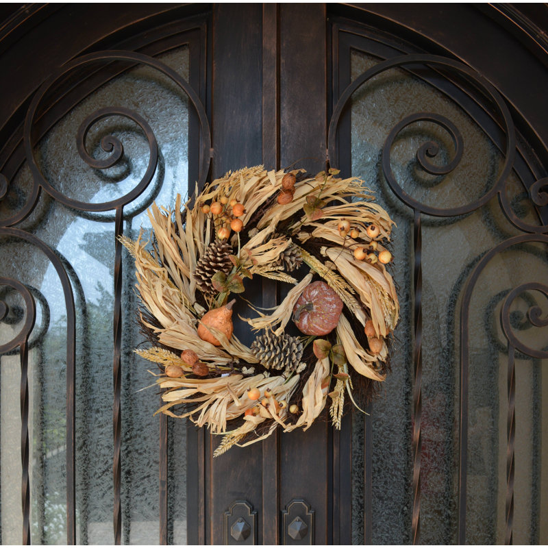 24 Inch Artificial Pumpkin Wheat Berry Corn Husk Wreath Thanksgiving Harvest