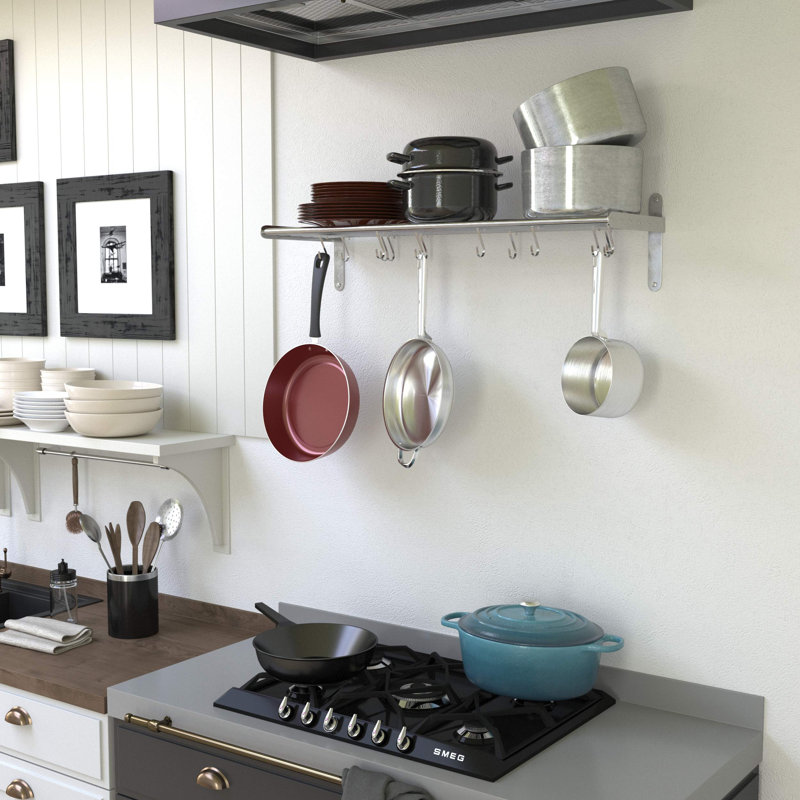 Étagère murale de rangement et d'organisation de cuisine en métal inoxydable avec 10 crochets en S pour suspendre casseroles et poêles (chrome).