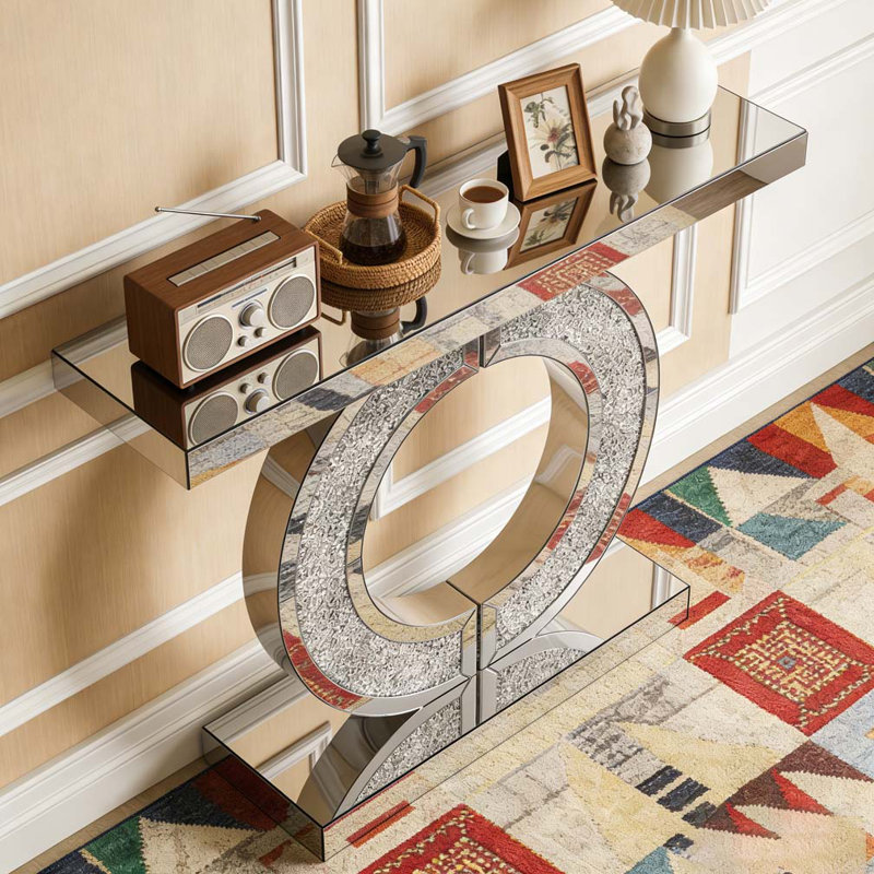 Console en miroir avec incrustation de diamant concassé, longue entrée, Argent argent