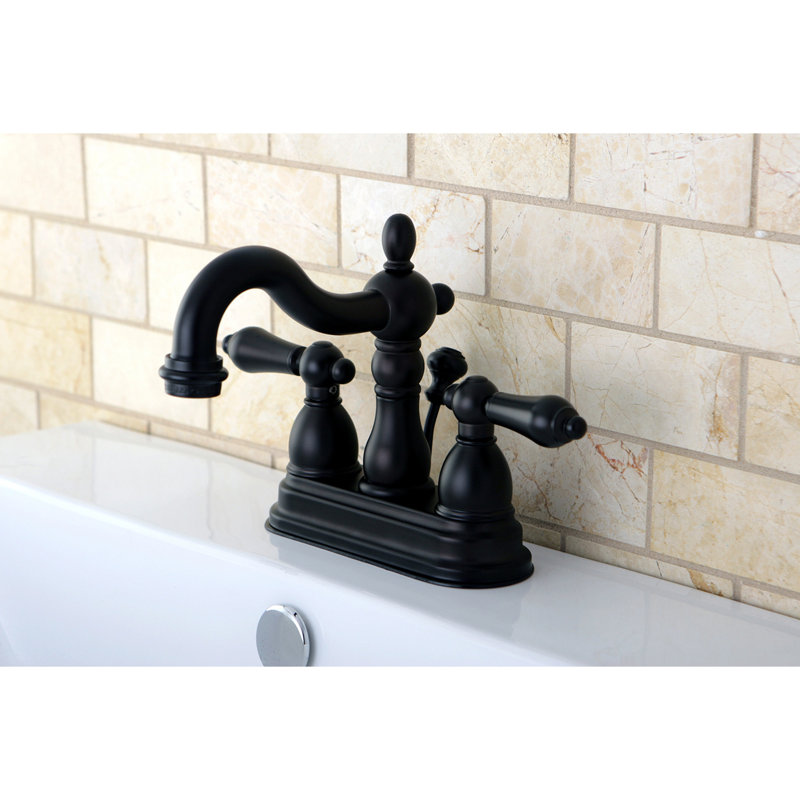 Kingston Brass Heritage Two-Handle 3-Hole Deck Mount 4" Centerset Bathroom Faucet with Plastic Pop-Up, Oil Rubbed Bronze