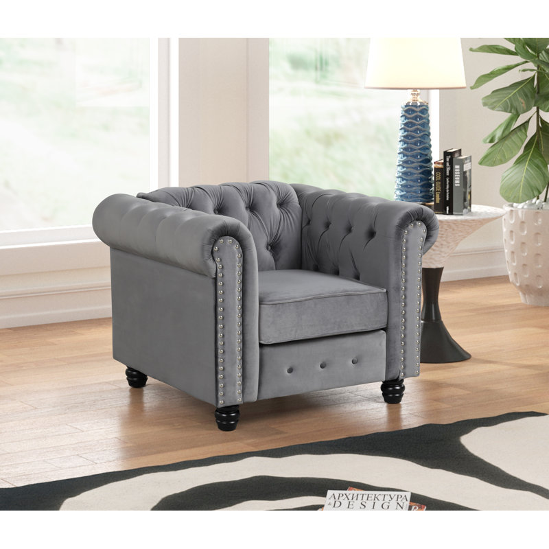 Fauteuil en lin touffeté 39 po, Velours gris