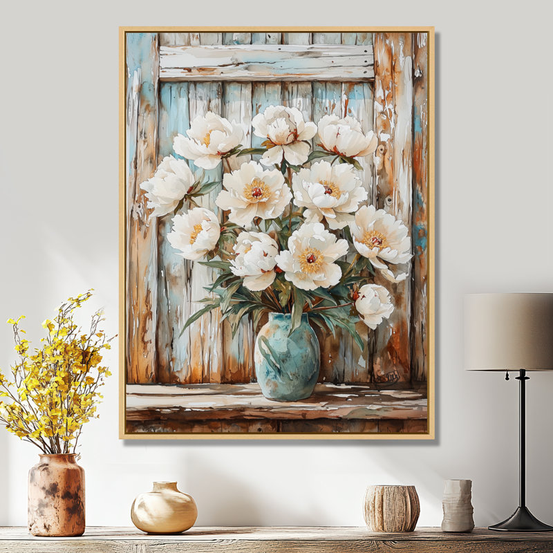 Décoration murale pivoines par la porte de grange IV - pivoines, H 44 po x l 34 po, Reproduction avec cadre flottant