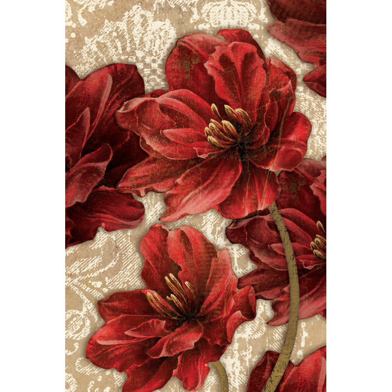 Famille de fleurs rouges - peinture sur toile tendue, H 18 po x l 12 po, Imprimé avec cadre blanc, Non