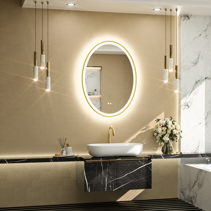 Chatmon Oval Dimmable LED Anti-Fog Bathroom Mirror, Gold, 32" x 24"