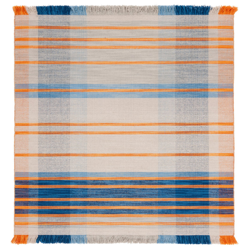 Tapis en laine / coton à tissage plat Anjail - orange / bleu, Carré 6 pi