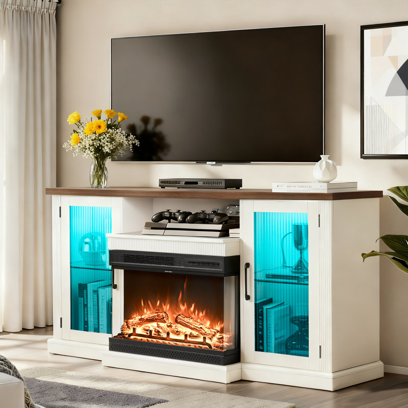 TV Stand for TVs up to 59" with Electric Fireplace Included, 31.5”H x 59”L x 13.8”W