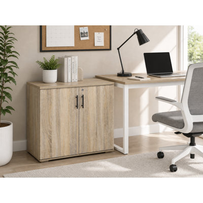 Lancaster 31.5”W Lockable Storage Cabinet with Adjustable Shelf & Leveling Feet — 2-Door Utility Cupboard for Home Office, Pantry, Laundry, Mudroom & Garage (Desk-Height 29.5”H)