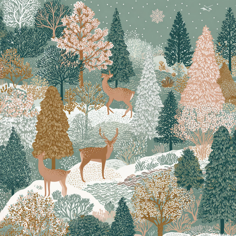 Teal Winter Deer Forest Wrapped Canvas Wall Art, 12" H x 12" W