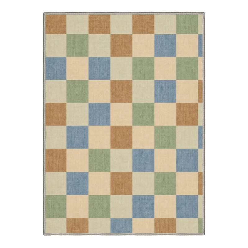Tapis beige / vert à carreaux lavable à la machine avec envers antidérapant, Rectangle 5 pi x 7 pi