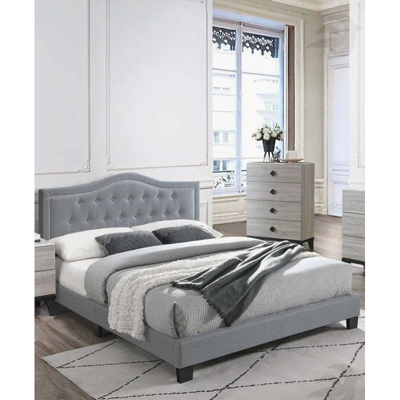 Mobilier de chambre à coucher de style européen en velours de lit grand format avec tête de lit capitonnée à boutons gris
