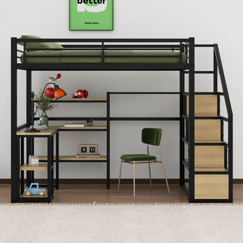Full Size Metal Loft bed with Staircase, Built-in Desk and Shelves, Black