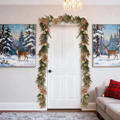 6 Feet Christmas Garland For Mantle, Xmas Garland With Bronze Gold Balls For Front Door Fireplace Table Centerpiece Outdoor Window Decor