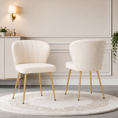 Modern Tufted Velvet Wingback White Dining Chair with Metal Legs
