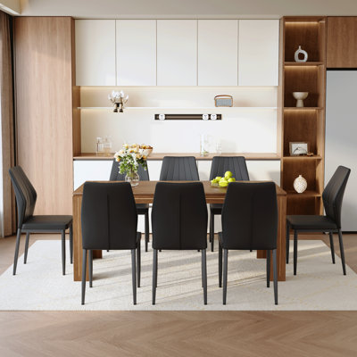 Table And Chair Set.71 × 31.5 Inch Walnut Wood Grain Dining Table,Paired With 8 High Quality PU Black Dining Chairs With Black Metal Legs.1 Table, 8 Chairs, Home Dining Table And Chair Combination.