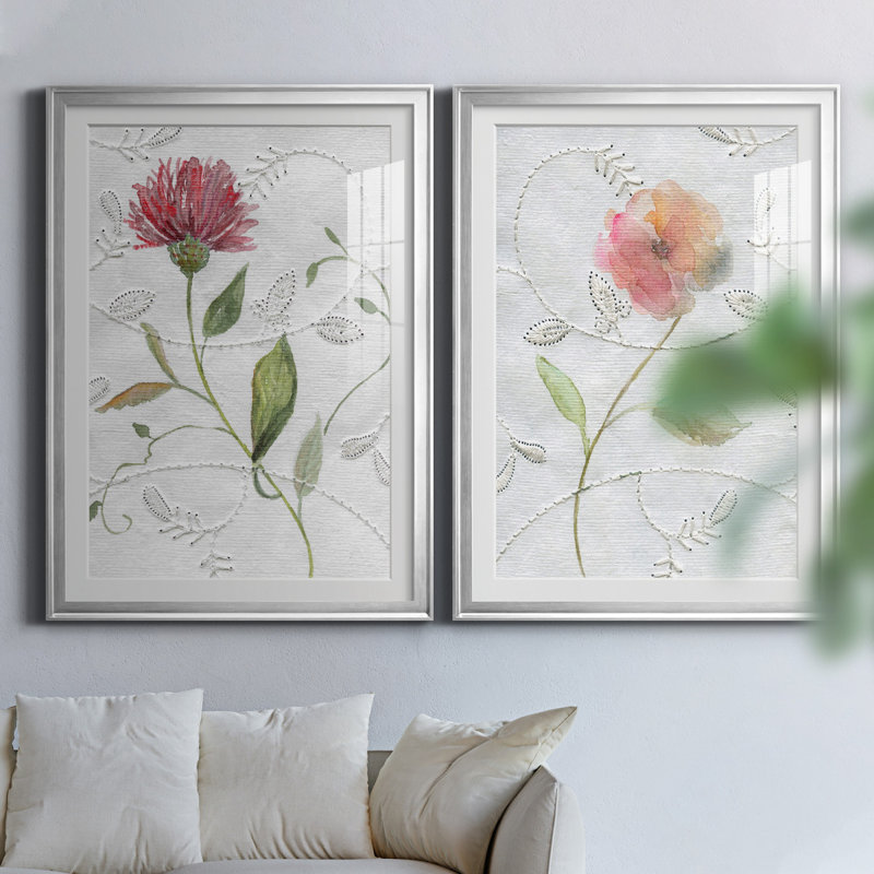 Botanical Emb broderie I - ensemble de 2 reproductions d'art, Papier avec cadre argenté, Blanc