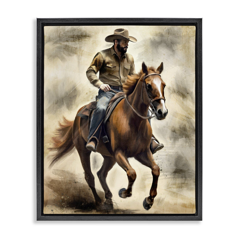 Cadre flottant Gallop Horse & Cowboy, design par Kim Allen, H 31 po x l 25 po, Cadre flottant noir de jais