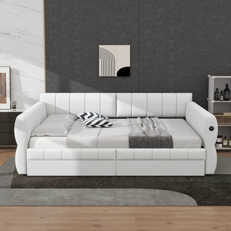Queen-Sized Upholstered Platform Bed Equipped With USB Ports And Drawers, White